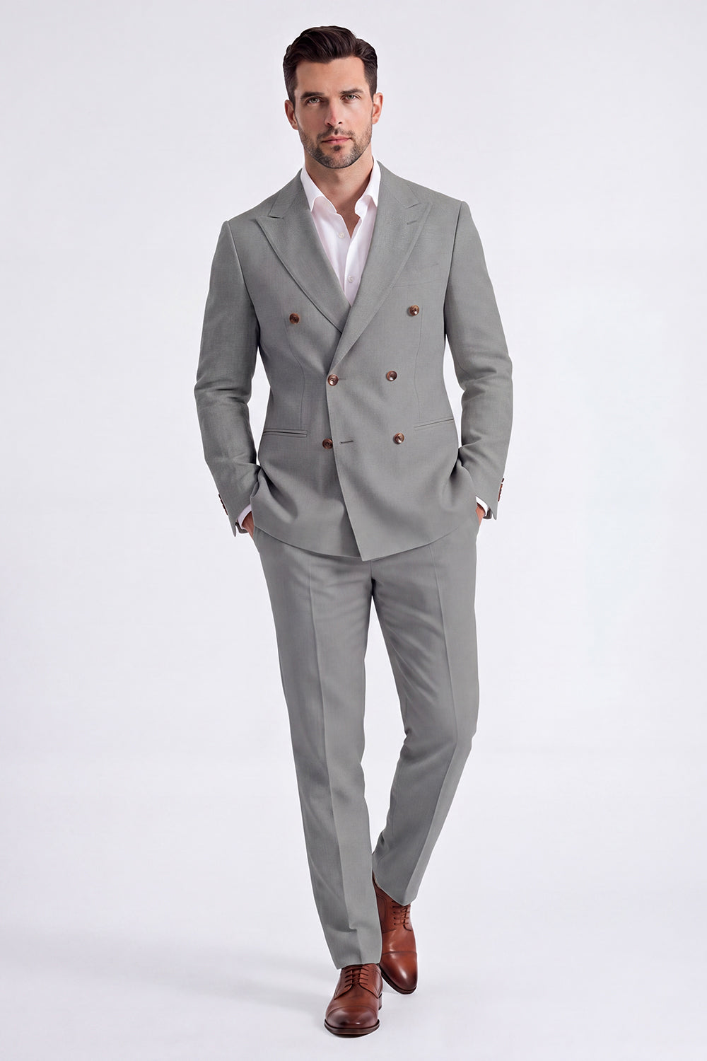 Beige 2 Piece Double Breasted Peak Lapel Men's Suits