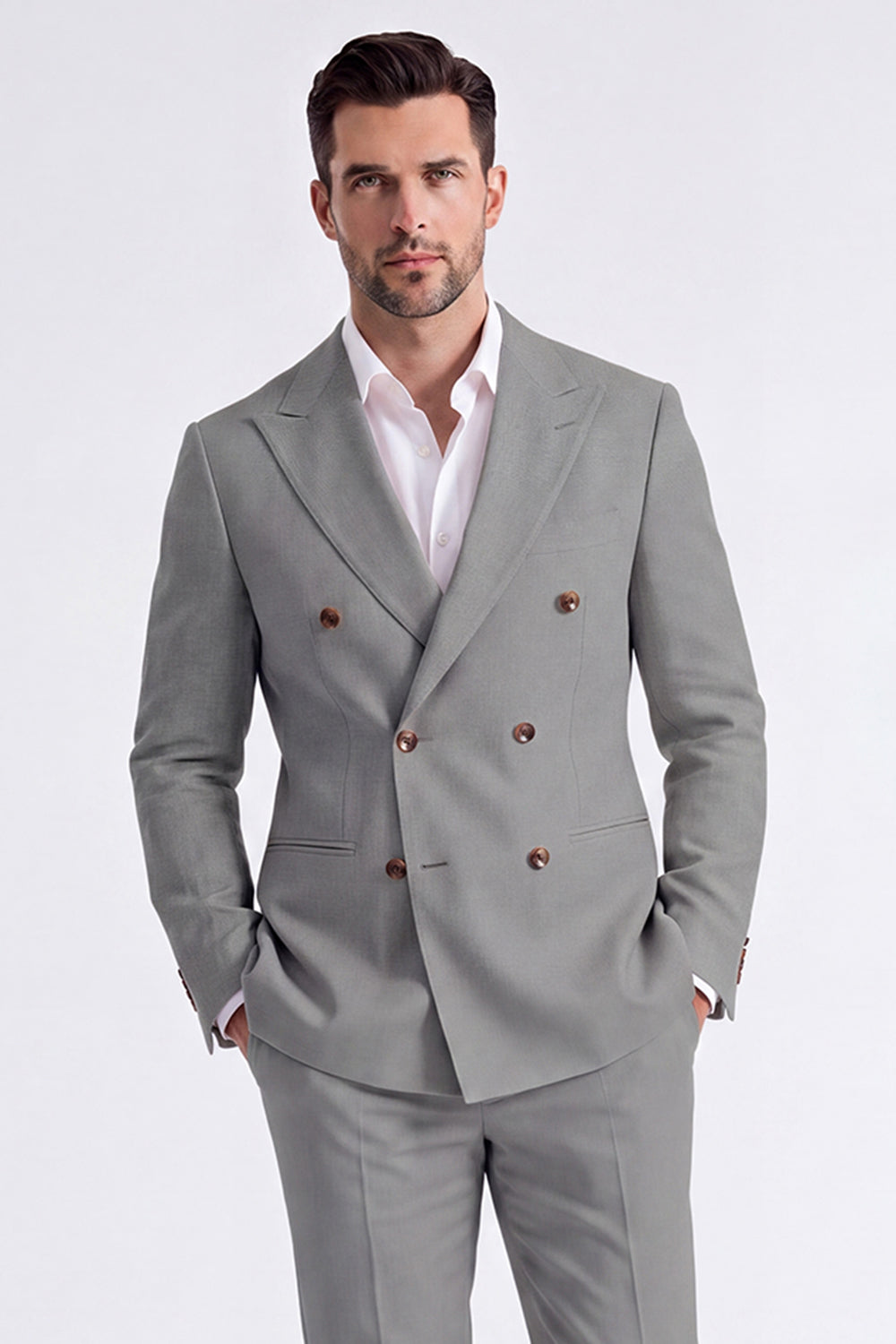 Beige 2 Piece Double Breasted Peak Lapel Men's Suits