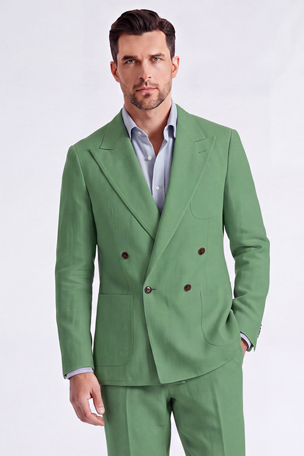 Beige Peak Lapel Double Breasted 2 Piece Men's Suits
