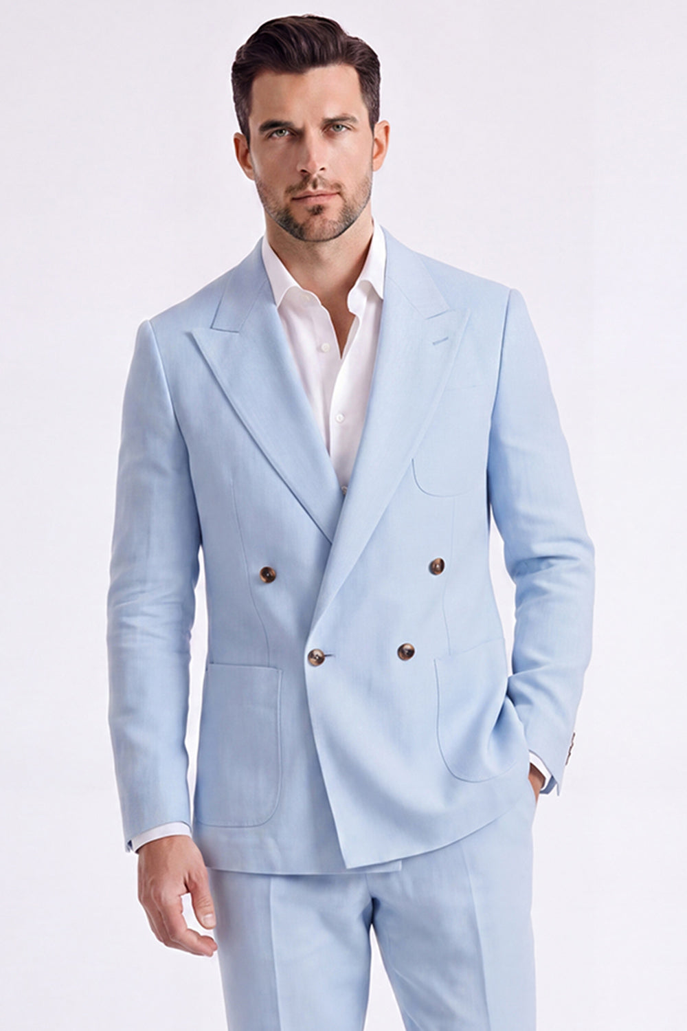 Beige Peak Lapel Double Breasted 2 Piece Men's Suits