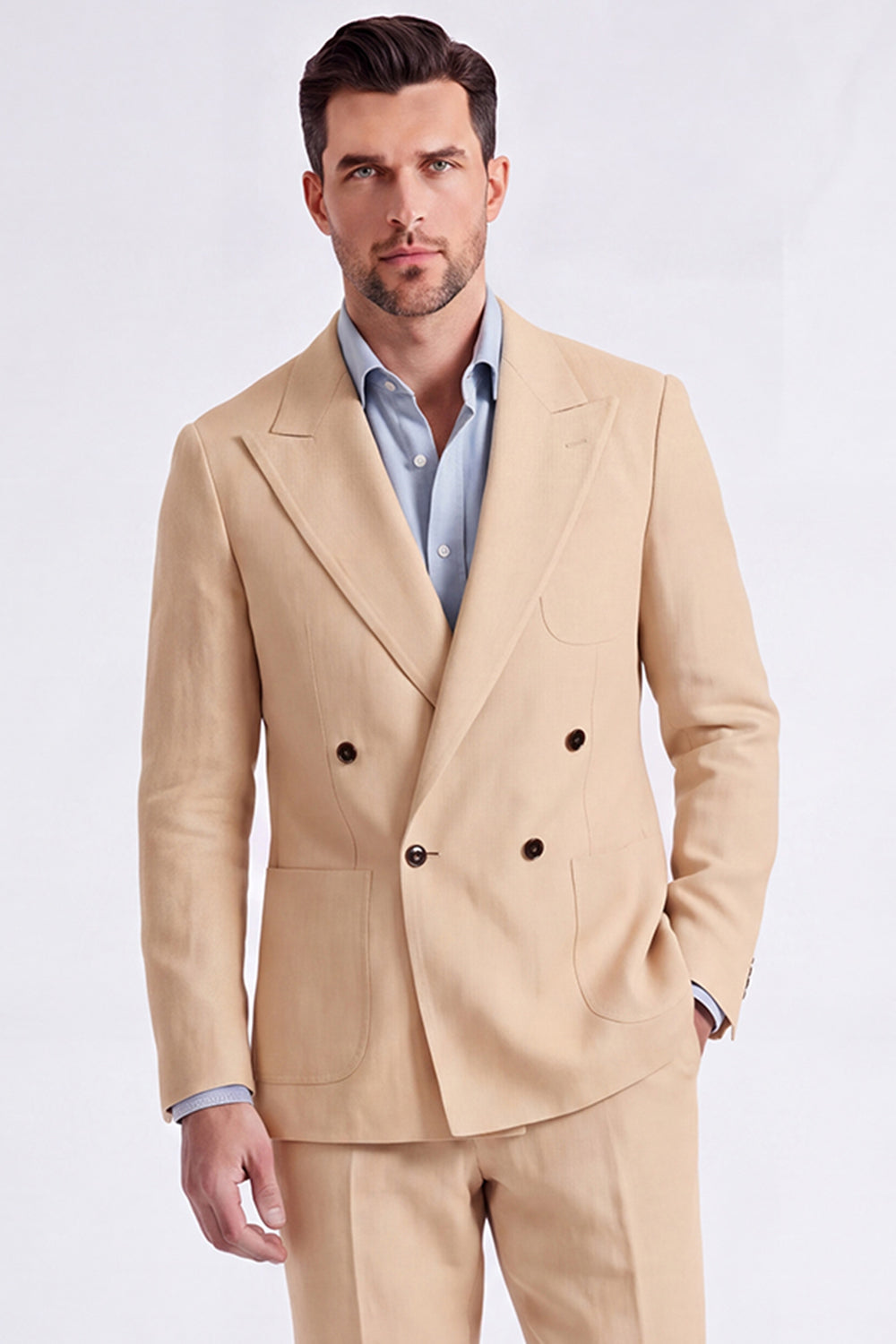 Beige Peak Lapel Double Breasted 2 Piece Men's Suits
