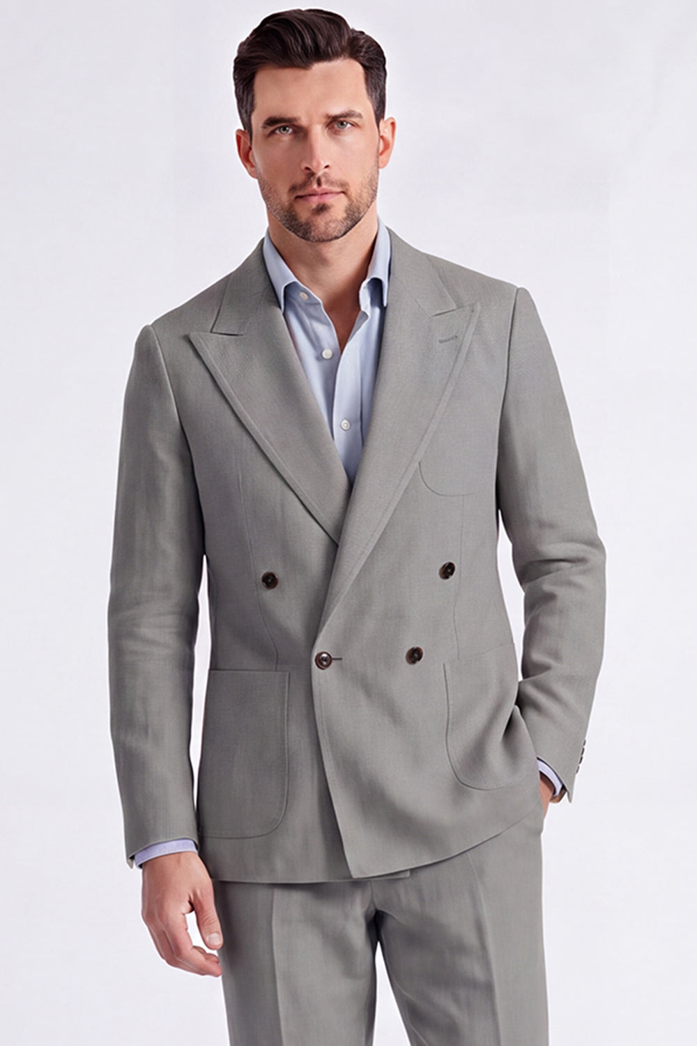 Beige Peak Lapel Double Breasted 2 Piece Men's Suits