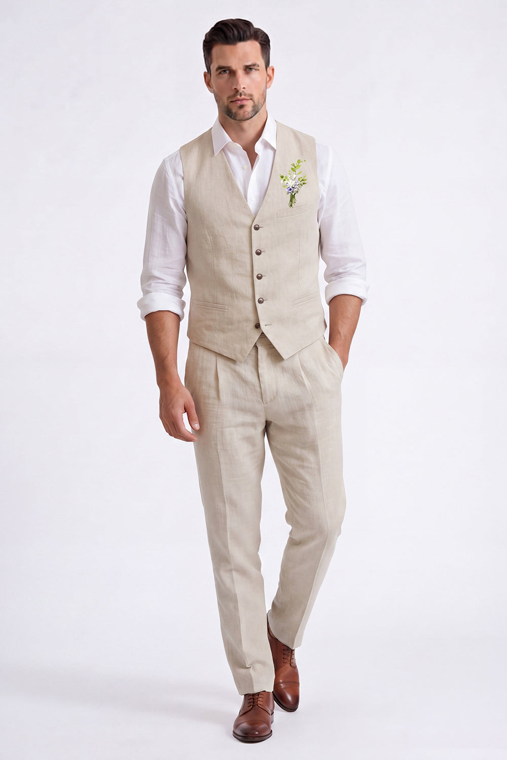 Costume habillé homme 2 pièces beige clair, col en V, simple boutonnage