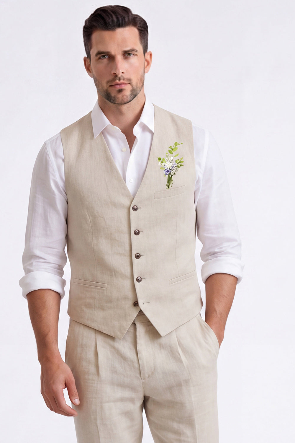 Costume habillé homme 2 pièces beige clair, col en V, simple boutonnage