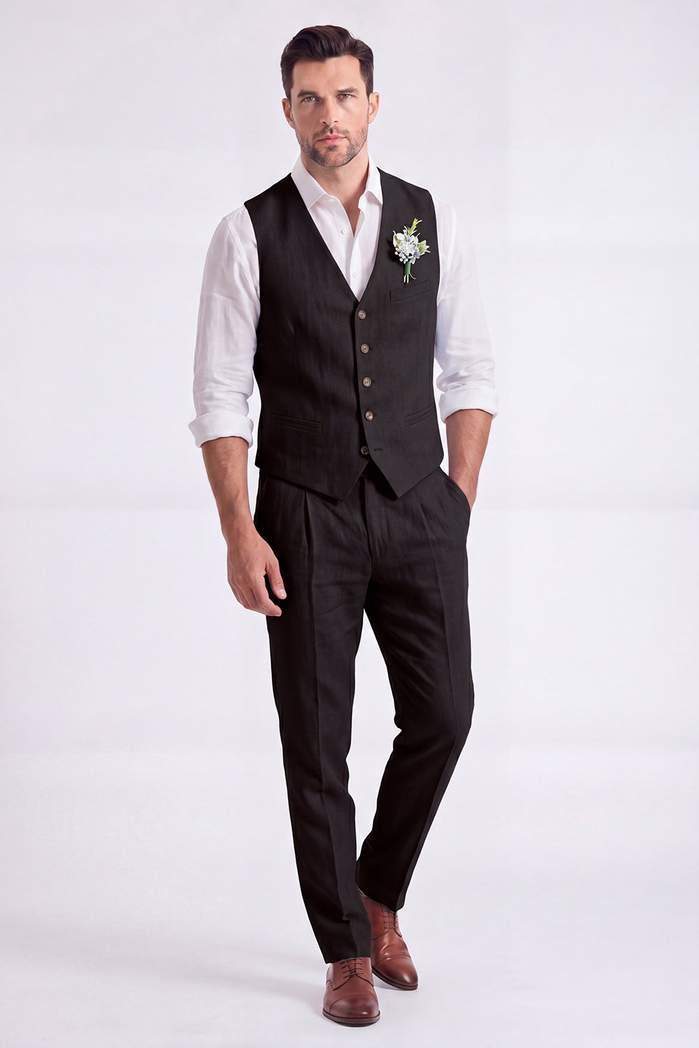 Costume habillé homme 2 pièces beige clair, col en V, simple boutonnage