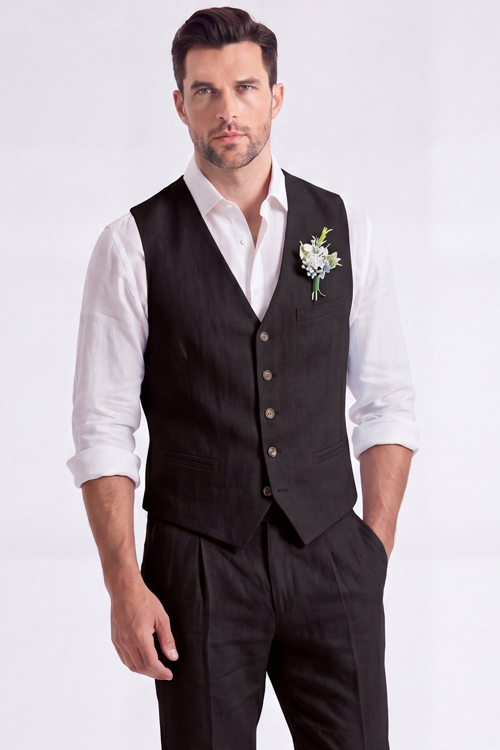 Costume habillé homme 2 pièces beige clair, col en V, simple boutonnage
