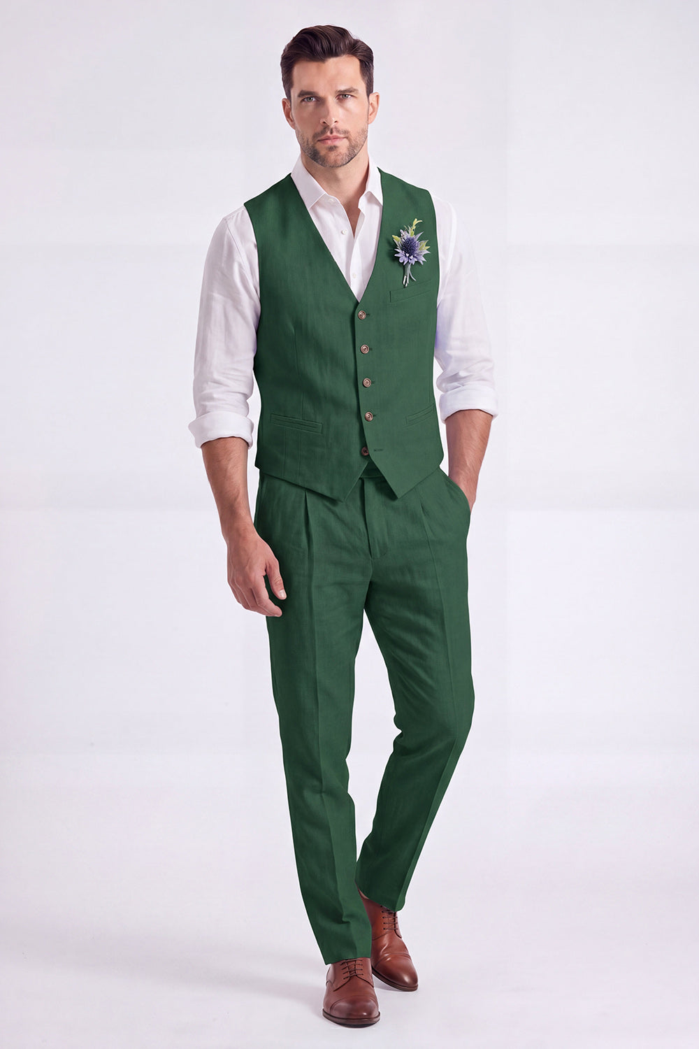 Costume habillé homme 2 pièces beige clair, col en V, simple boutonnage