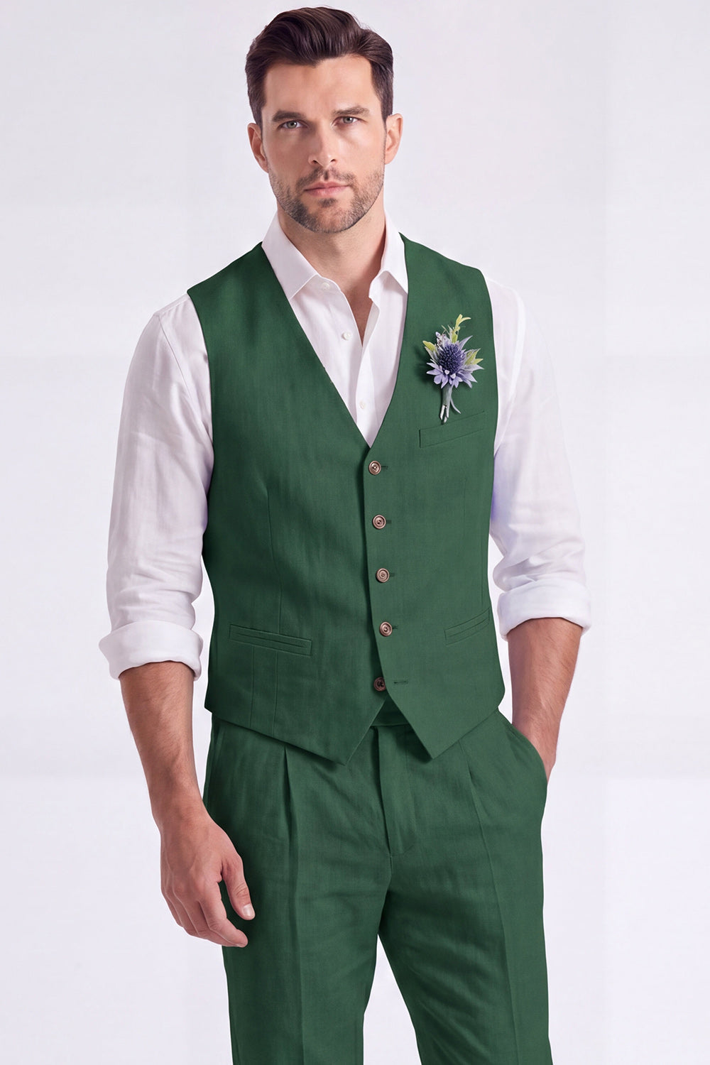 Costume habillé homme 2 pièces beige clair, col en V, simple boutonnage