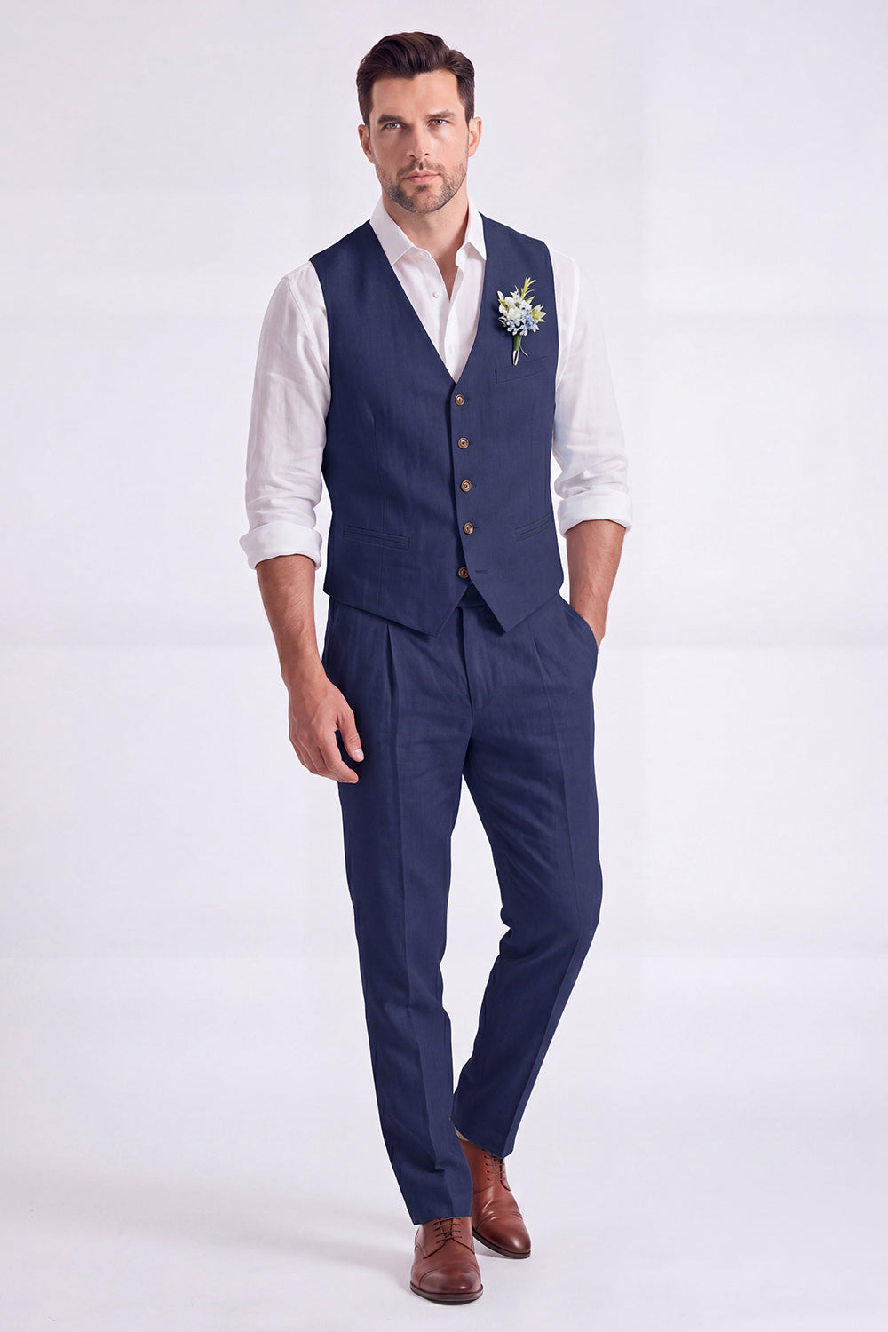 Costume habillé homme 2 pièces beige clair, col en V, simple boutonnage
