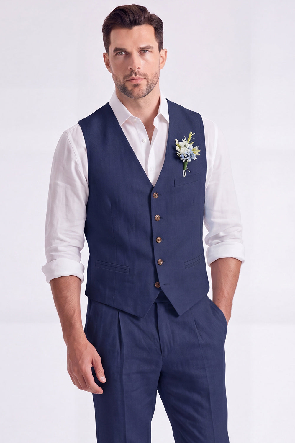Costume habillé homme 2 pièces beige clair, col en V, simple boutonnage