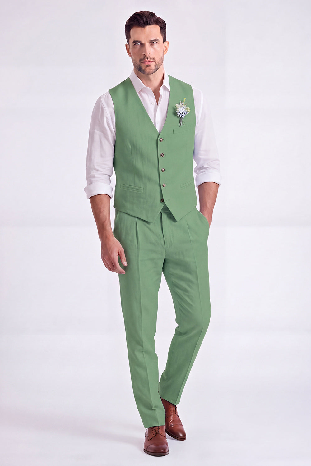 Costume habillé homme 2 pièces beige clair, col en V, simple boutonnage