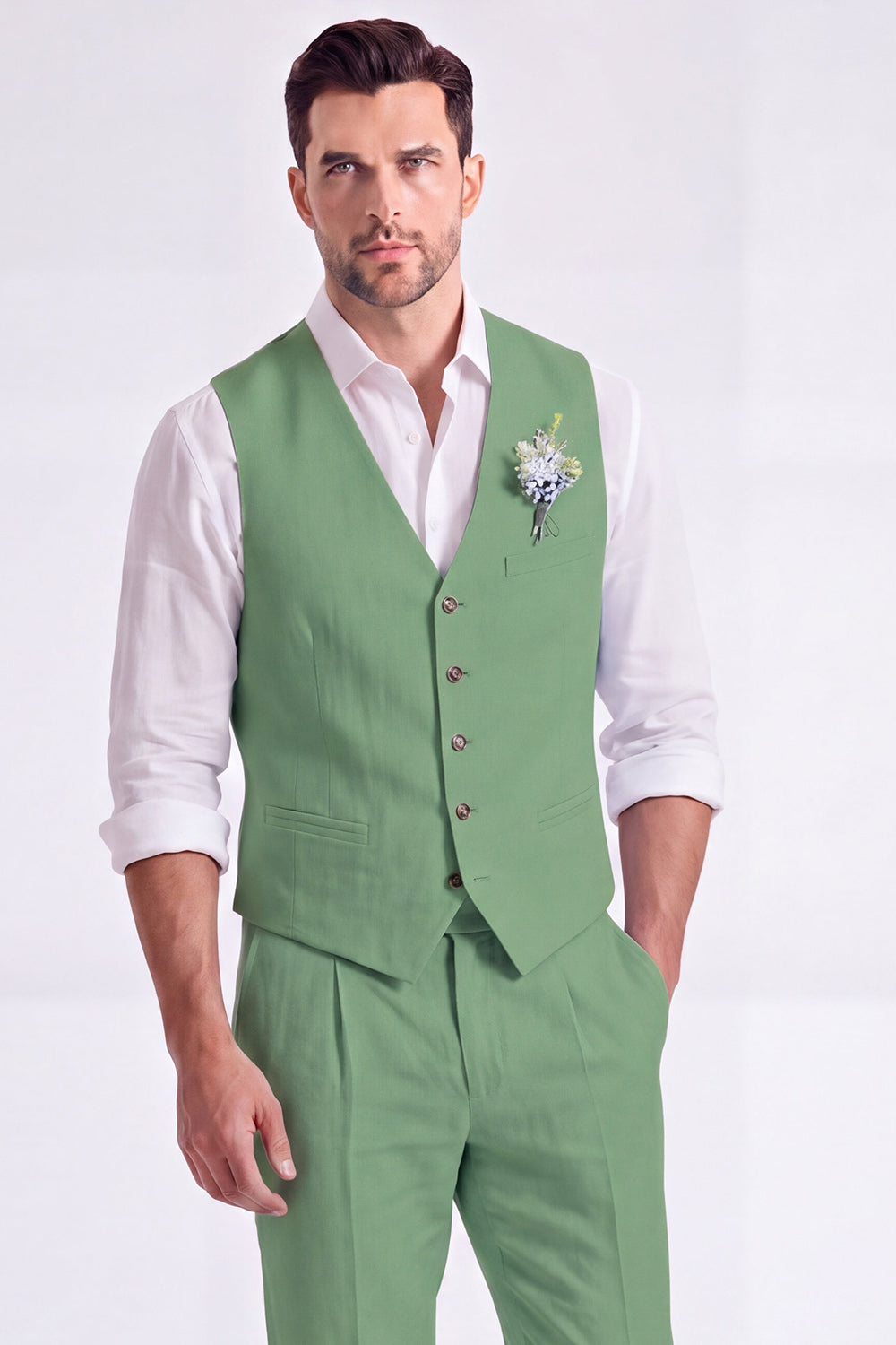 Costume habillé homme 2 pièces beige clair, col en V, simple boutonnage