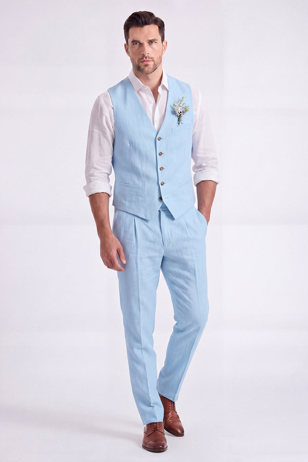 Costume habillé homme 2 pièces beige clair, col en V, simple boutonnage