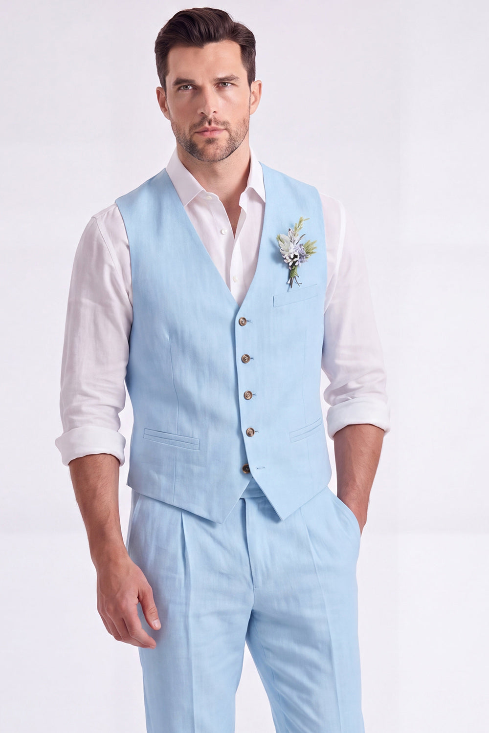 Costume habillé homme 2 pièces beige clair, col en V, simple boutonnage