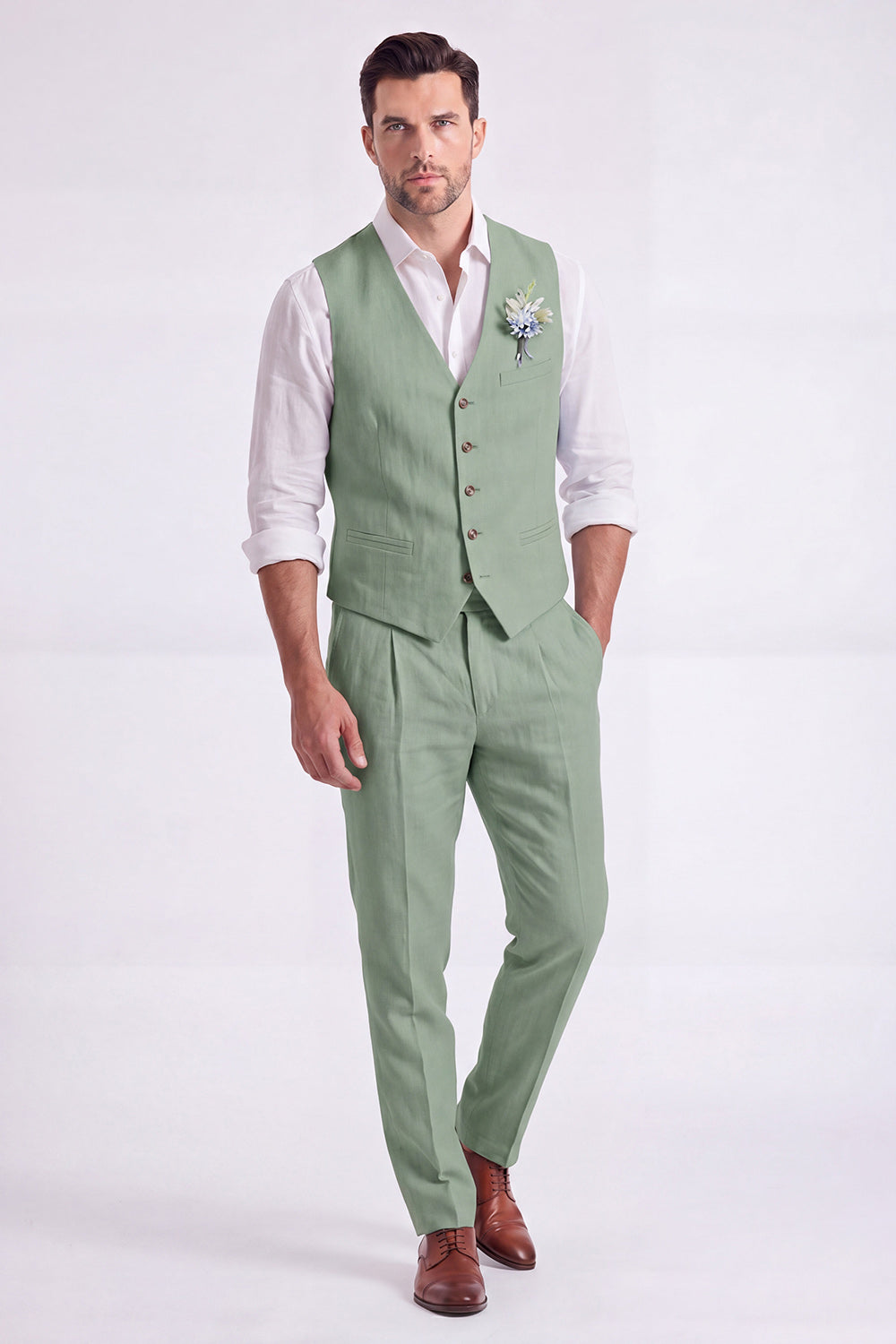 Costume habillé homme 2 pièces beige clair, col en V, simple boutonnage
