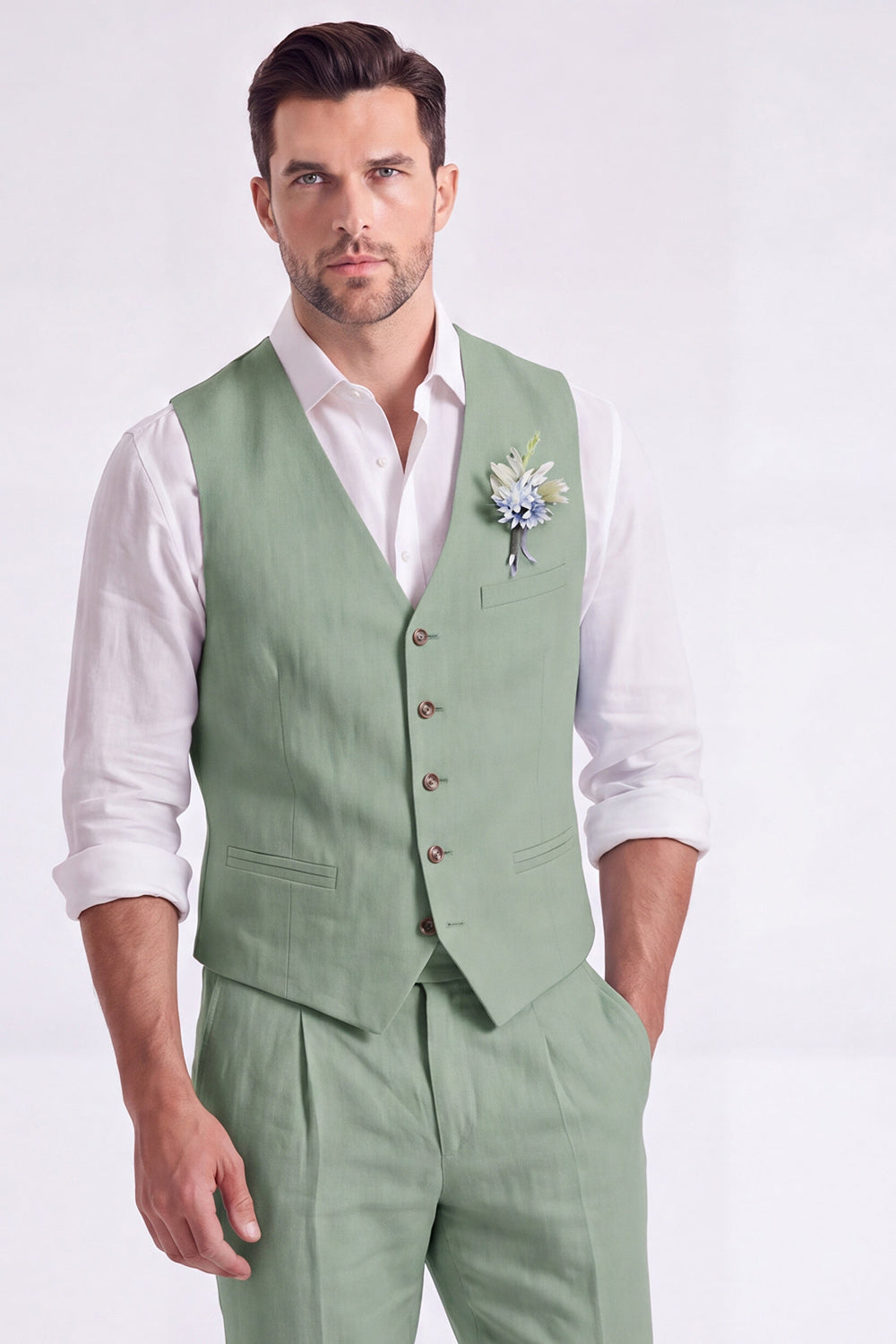 Costume habillé homme 2 pièces beige clair, col en V, simple boutonnage