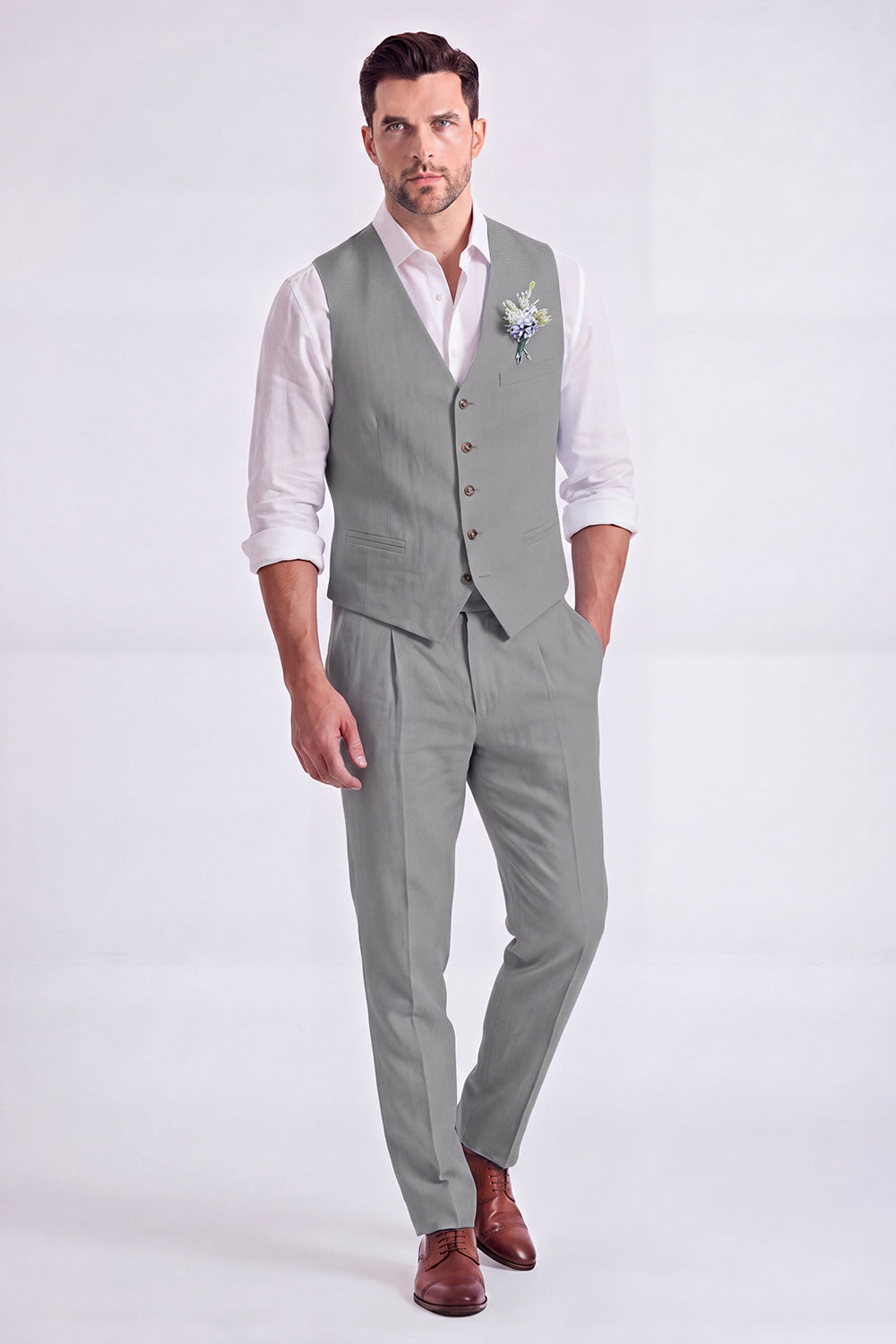 Costume habillé homme 2 pièces beige clair, col en V, simple boutonnage