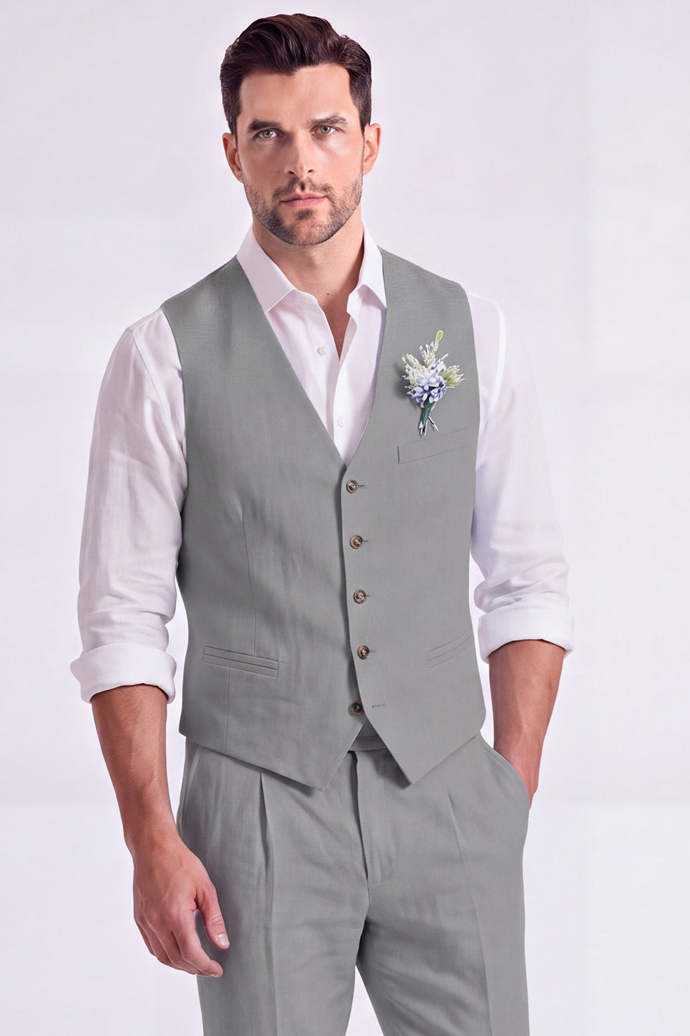 Costume habillé homme 2 pièces beige clair, col en V, simple boutonnage