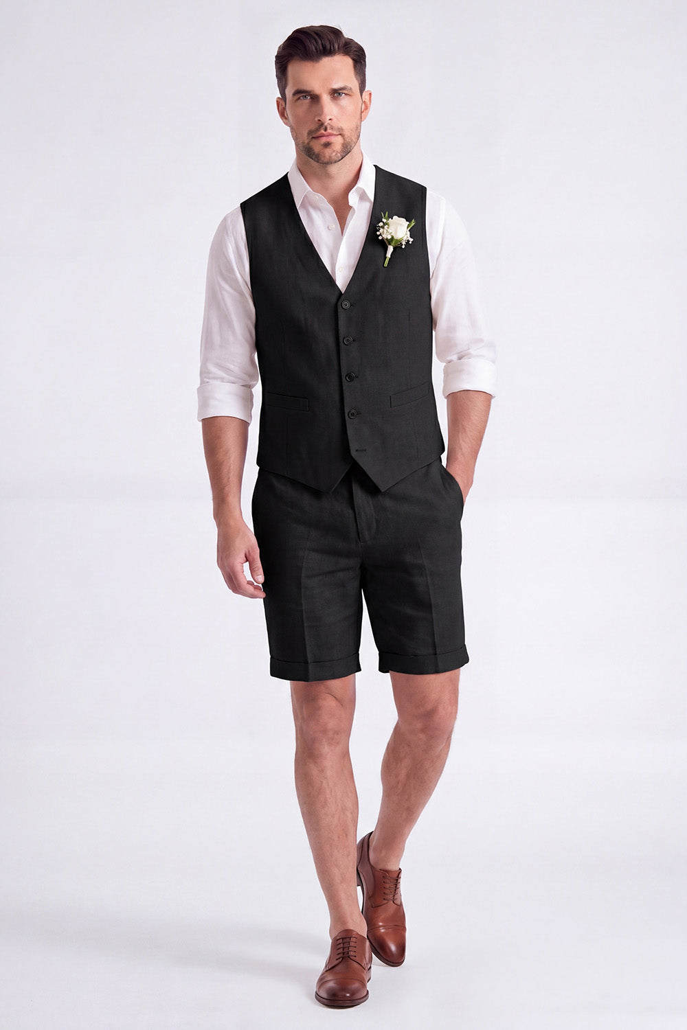 Light Khaki 2 Piece V-Neck Single Breasted Men Short Formal Suits