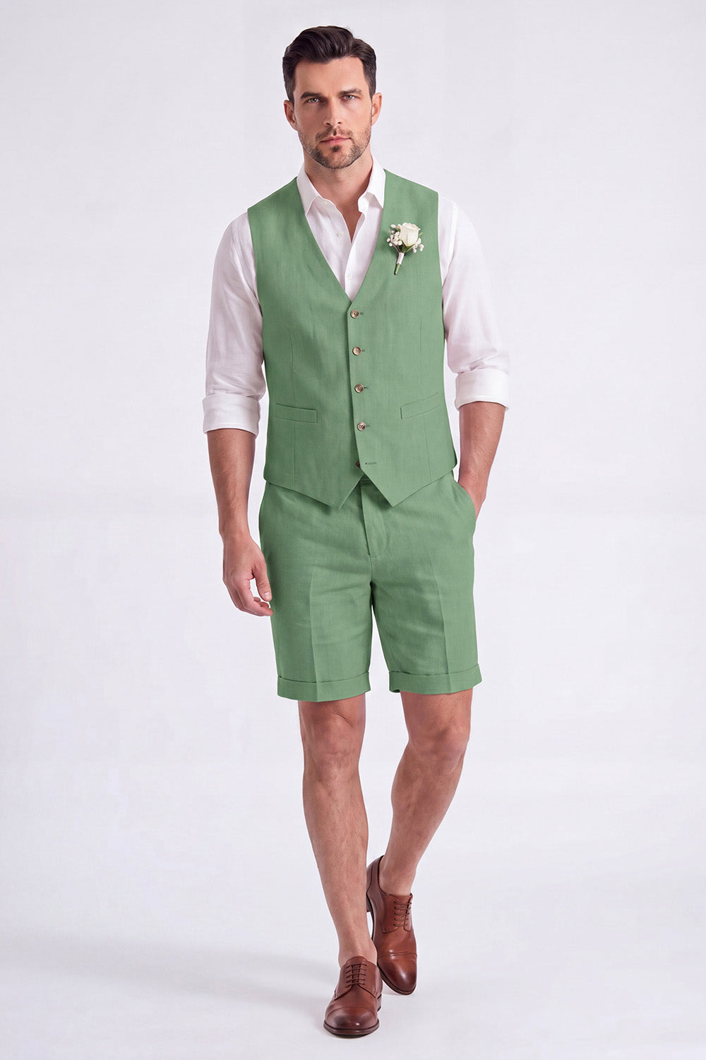 Light Khaki 2 Piece V-Neck Single Breasted Men Short Formal Suits
