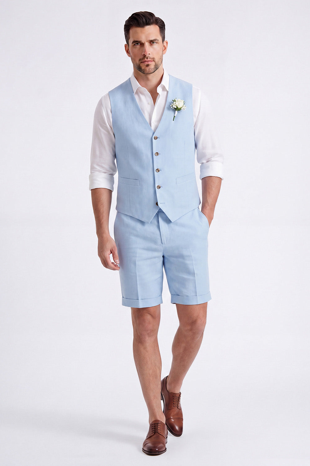 Light Khaki 2 Piece V-Neck Single Breasted Men Short Formal Suits