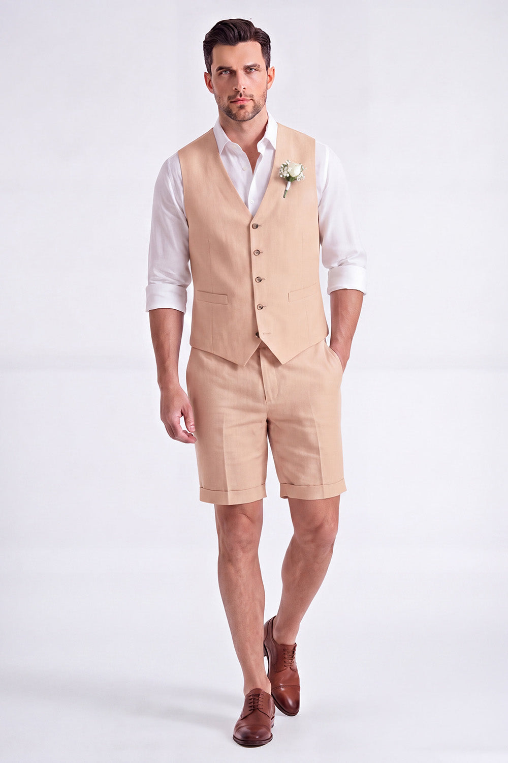 Light Khaki 2 Piece V-Neck Single Breasted Men Short Formal Suits