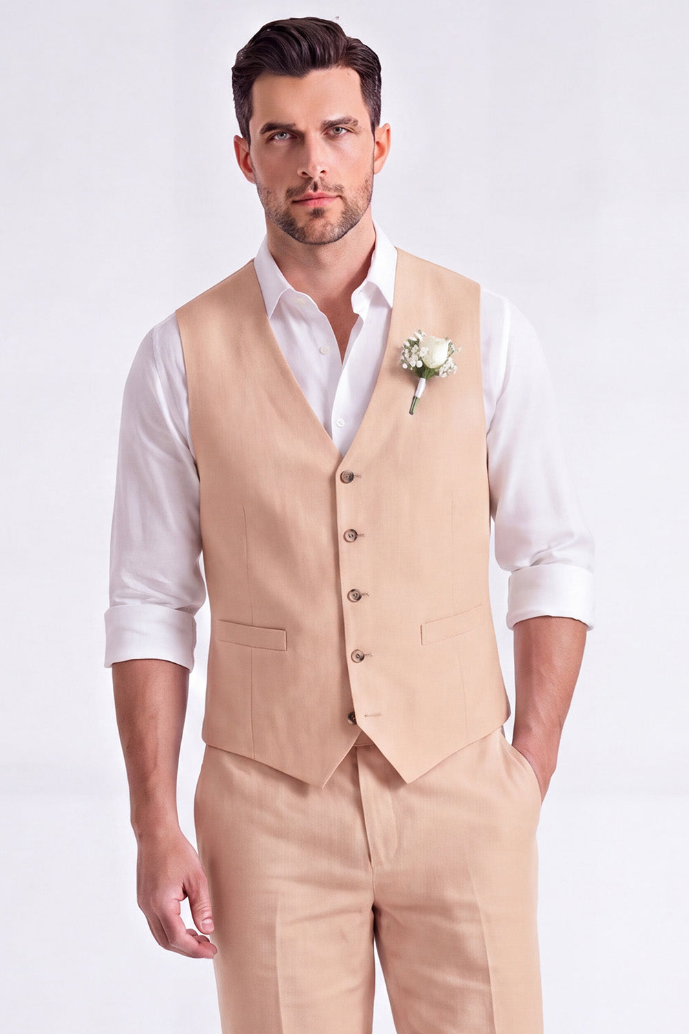Light Khaki 2 Piece V-Neck Single Breasted Men Short Formal Suits
