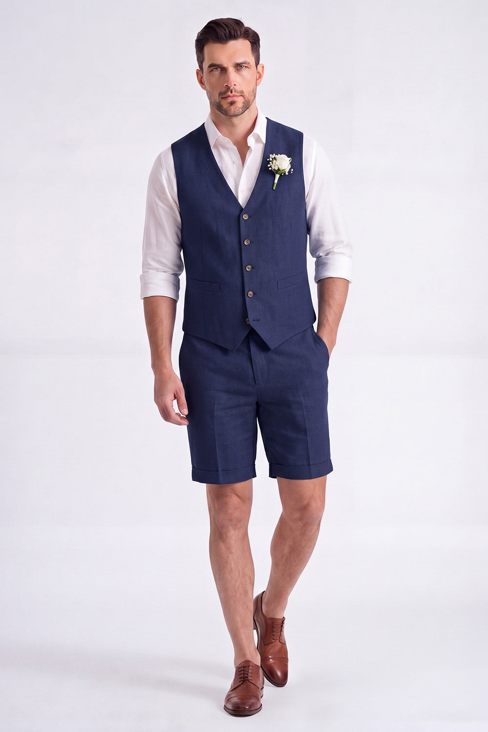 Light Khaki 2 Piece V-Neck Single Breasted Men Short Formal Suits