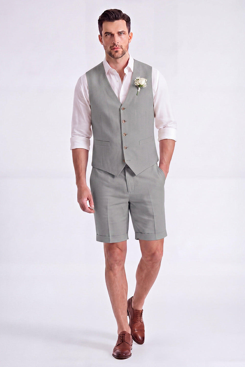 Light Khaki 2 Piece V-Neck Single Breasted Men Short Formal Suits