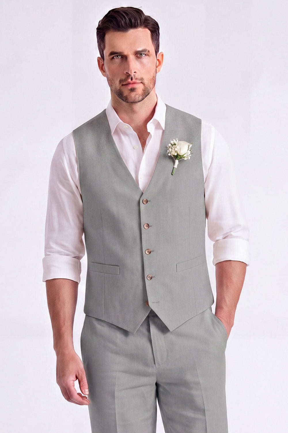 Light Khaki 2 Piece V-Neck Single Breasted Men Short Formal Suits