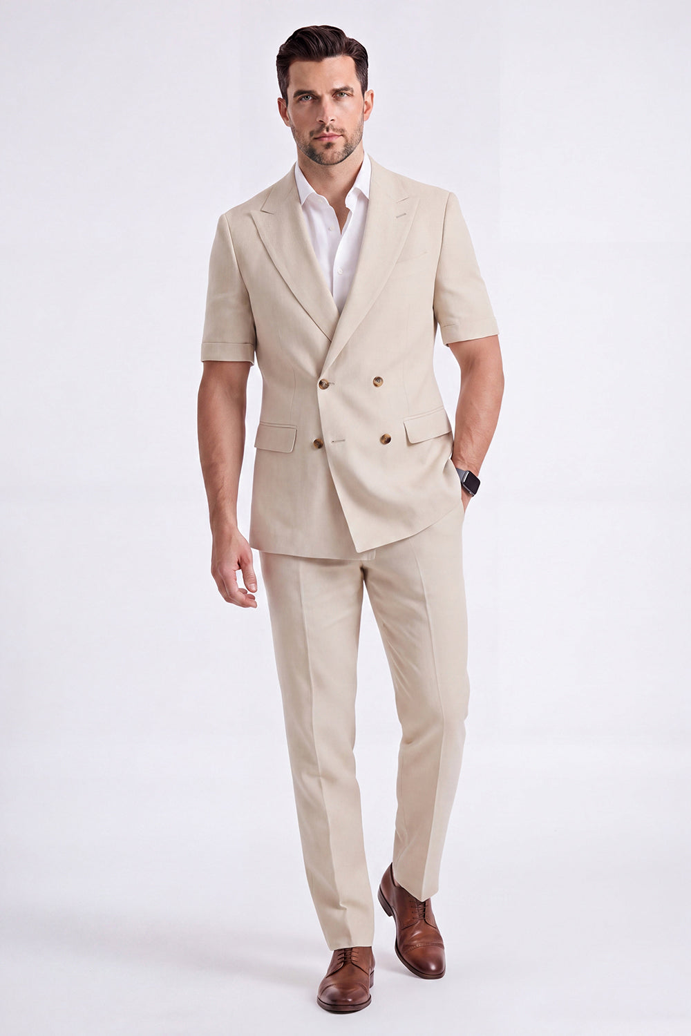 Light Khaki 2-Piece Peak Lapel Double-Breasted Men's Formal Suits with Sleeves