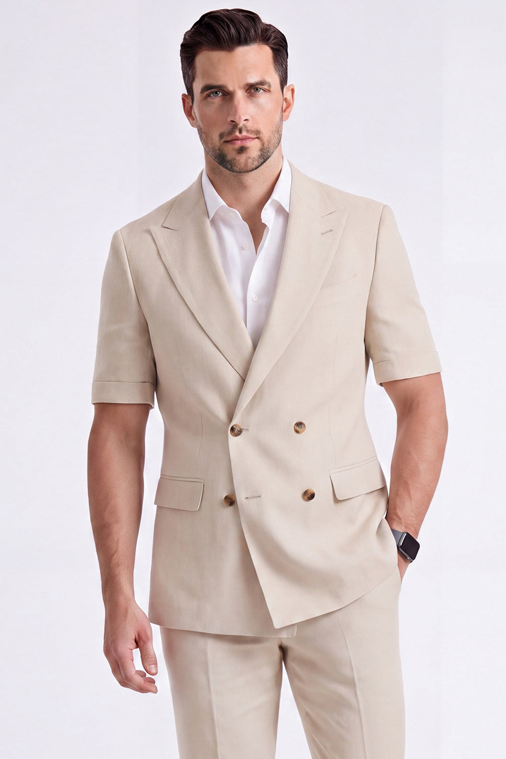 Light Khaki 2-Piece Peak Lapel Double-Breasted Men's Formal Suits with Sleeves