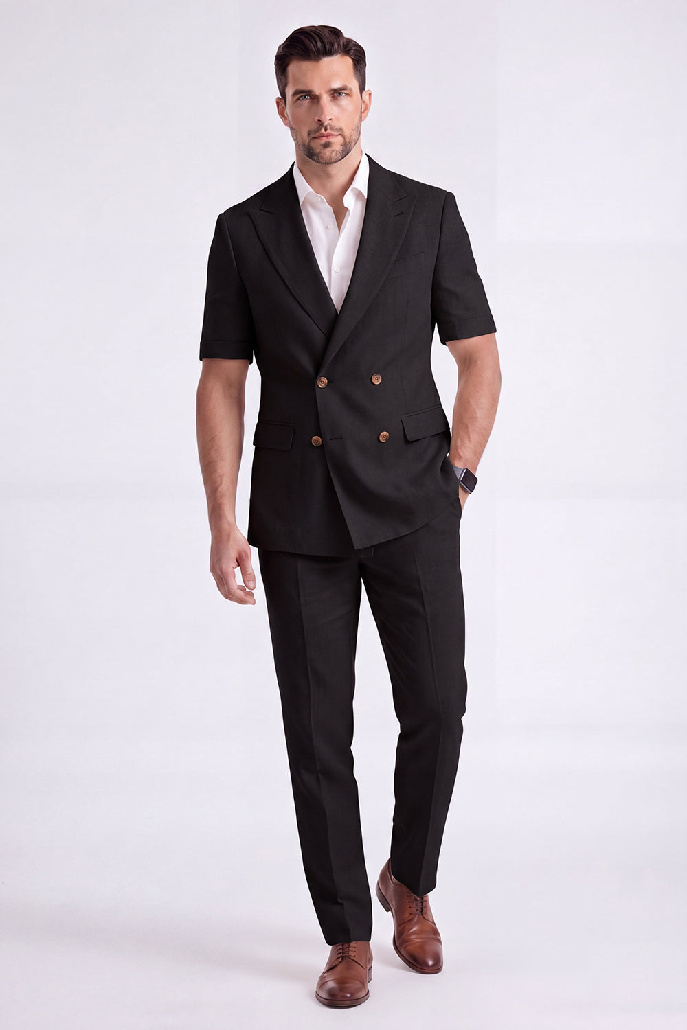 Light Khaki 2-Piece Peak Lapel Double-Breasted Men's Formal Suits with Sleeves