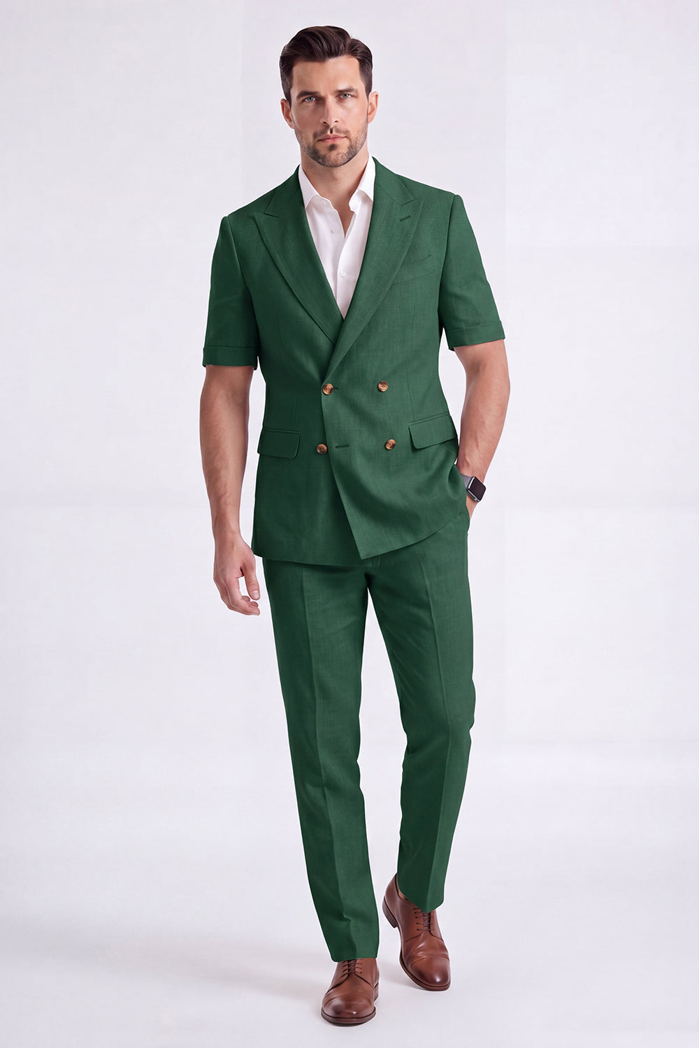 Light Khaki 2-Piece Peak Lapel Double-Breasted Men's Formal Suits with Sleeves