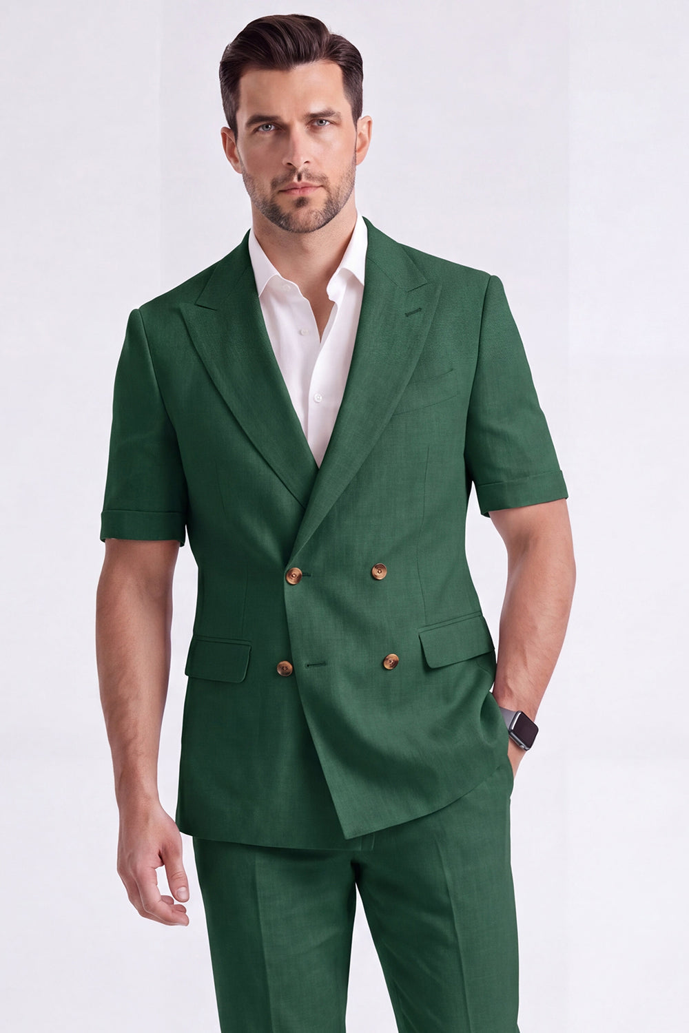 Light Khaki 2-Piece Peak Lapel Double-Breasted Men's Formal Suits with Sleeves