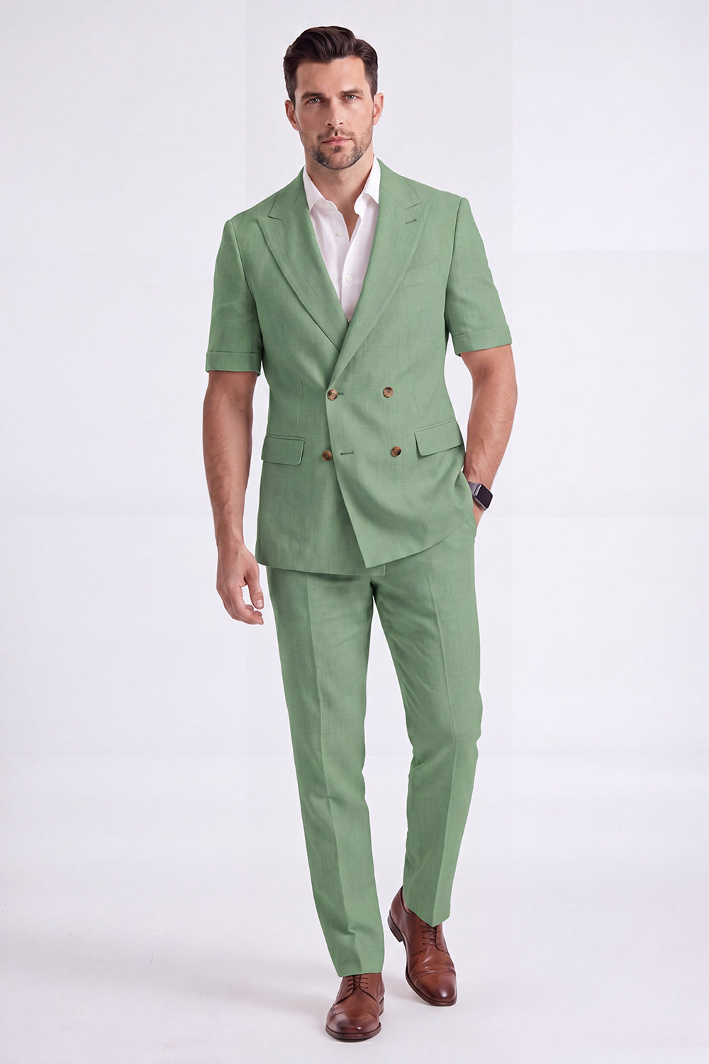 Light Khaki 2-Piece Peak Lapel Double-Breasted Men's Formal Suits with Sleeves