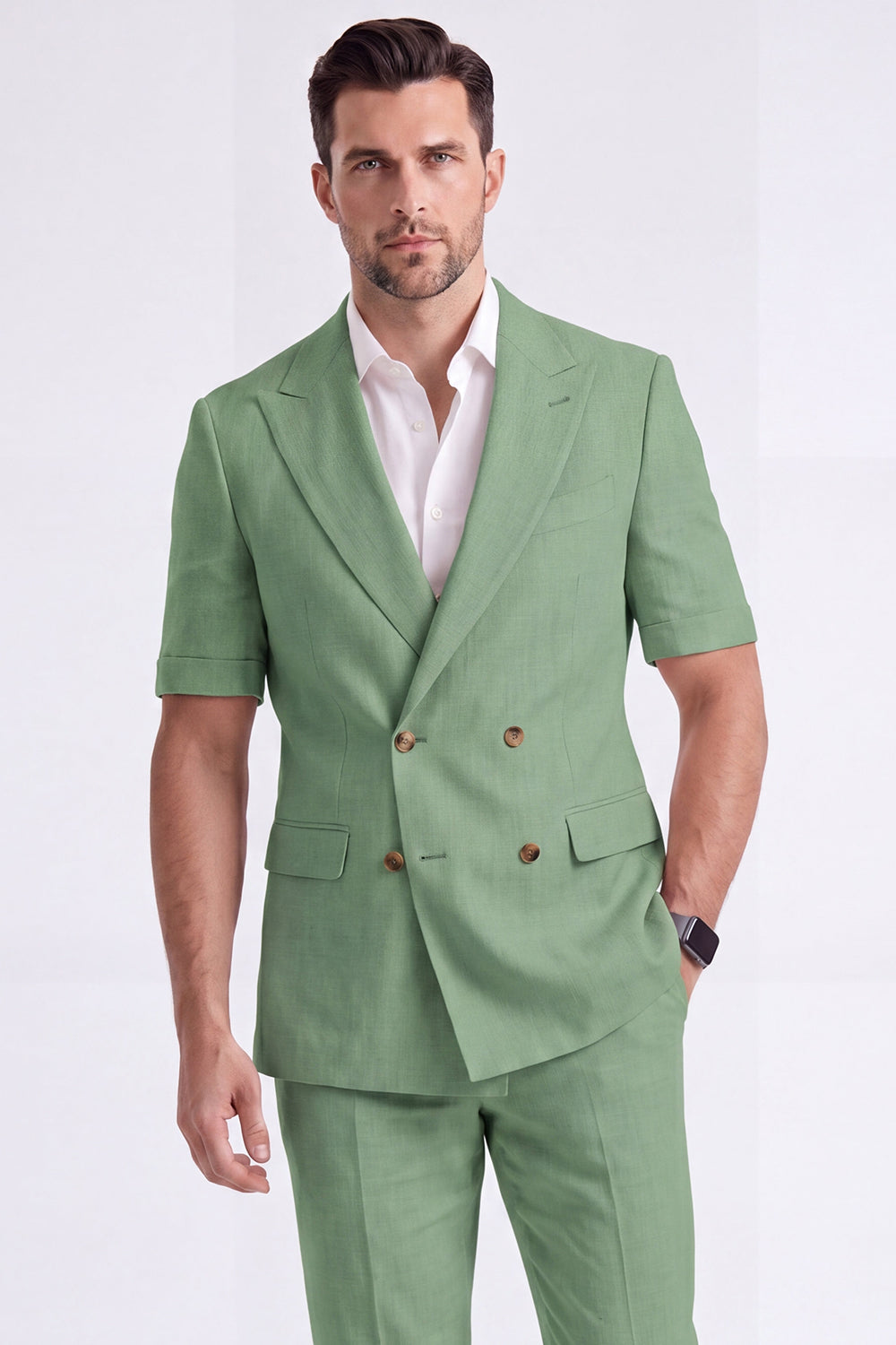 Light Khaki 2-Piece Peak Lapel Double-Breasted Men's Formal Suits with Sleeves
