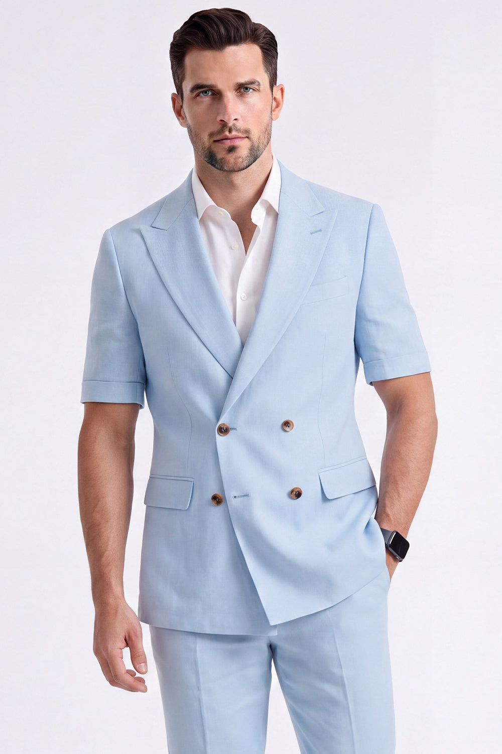 Light Khaki 2-Piece Peak Lapel Double-Breasted Men's Formal Suits with Sleeves