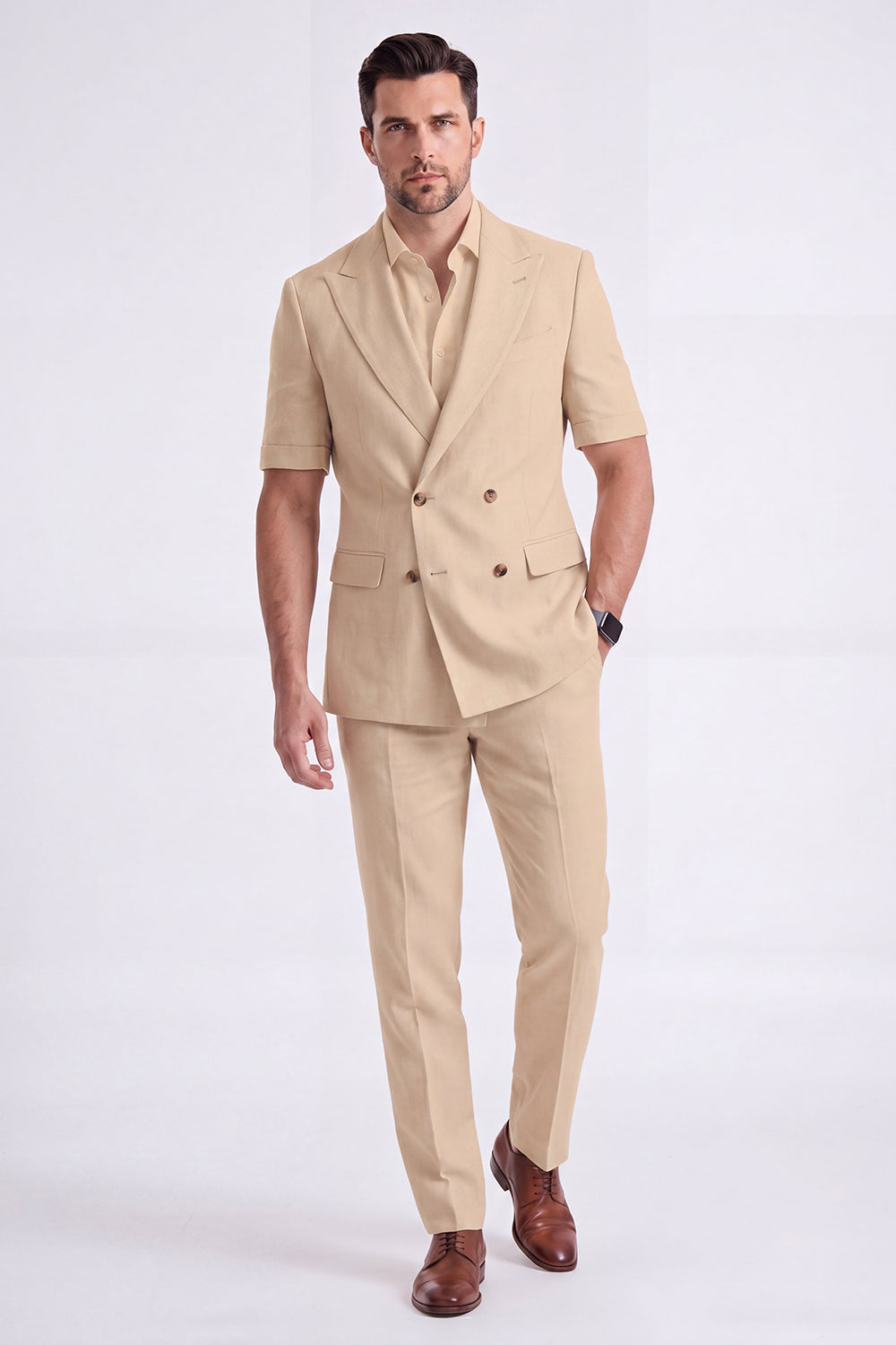 Light Khaki 2-Piece Peak Lapel Double-Breasted Men's Formal Suits with Sleeves