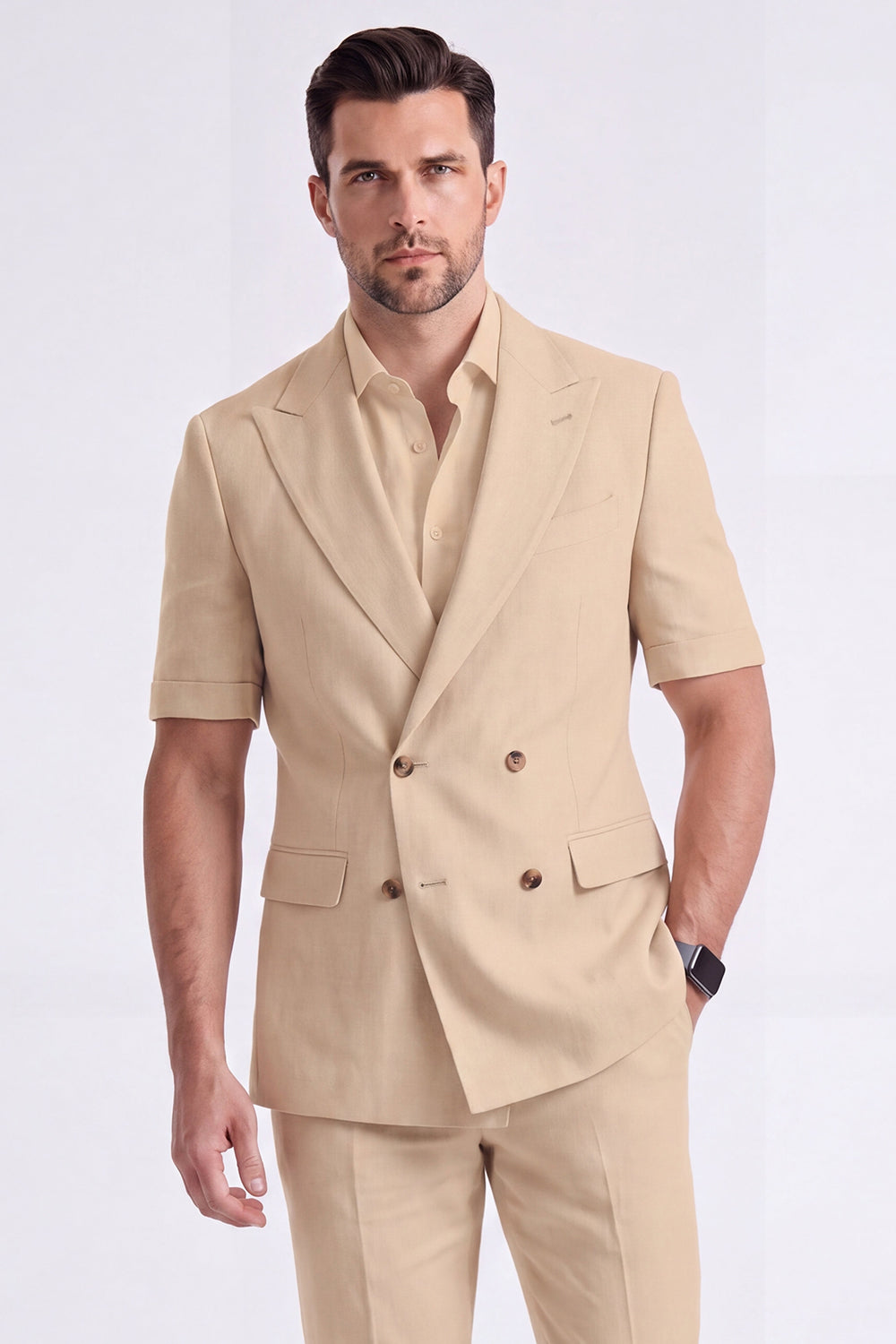 Light Khaki 2-Piece Peak Lapel Double-Breasted Men's Formal Suits with Sleeves