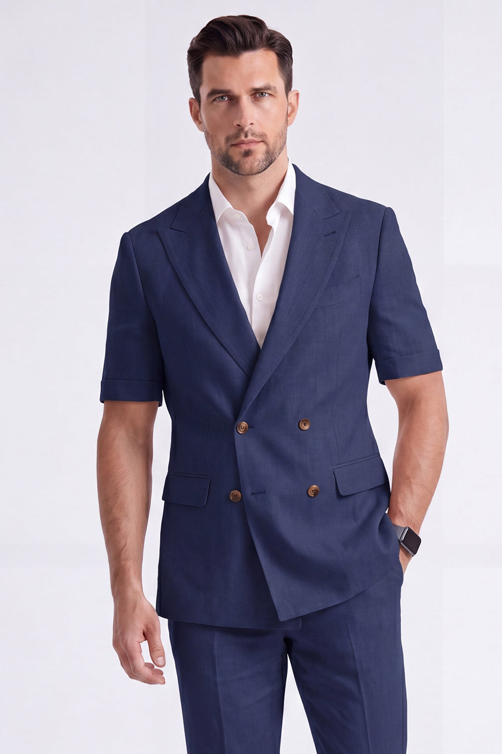 Light Khaki 2-Piece Peak Lapel Double-Breasted Men's Formal Suits with Sleeves