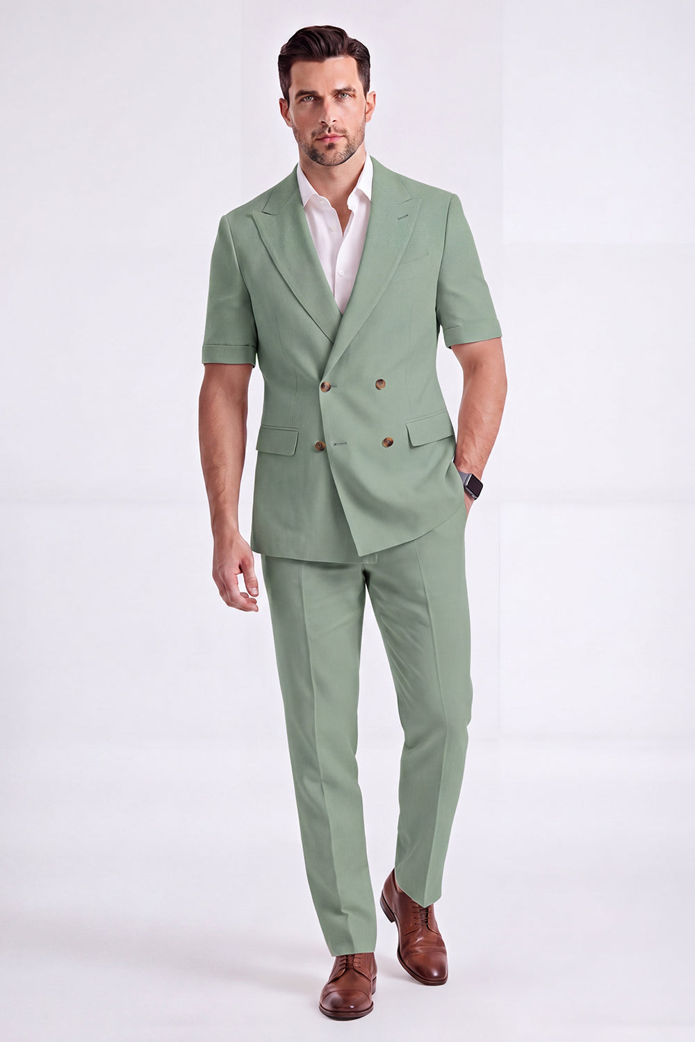 Light Khaki 2-Piece Peak Lapel Double-Breasted Men's Formal Suits with Sleeves