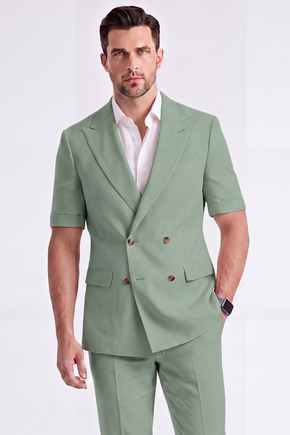 Light Khaki 2-Piece Peak Lapel Double-Breasted Men's Formal Suits with Sleeves
