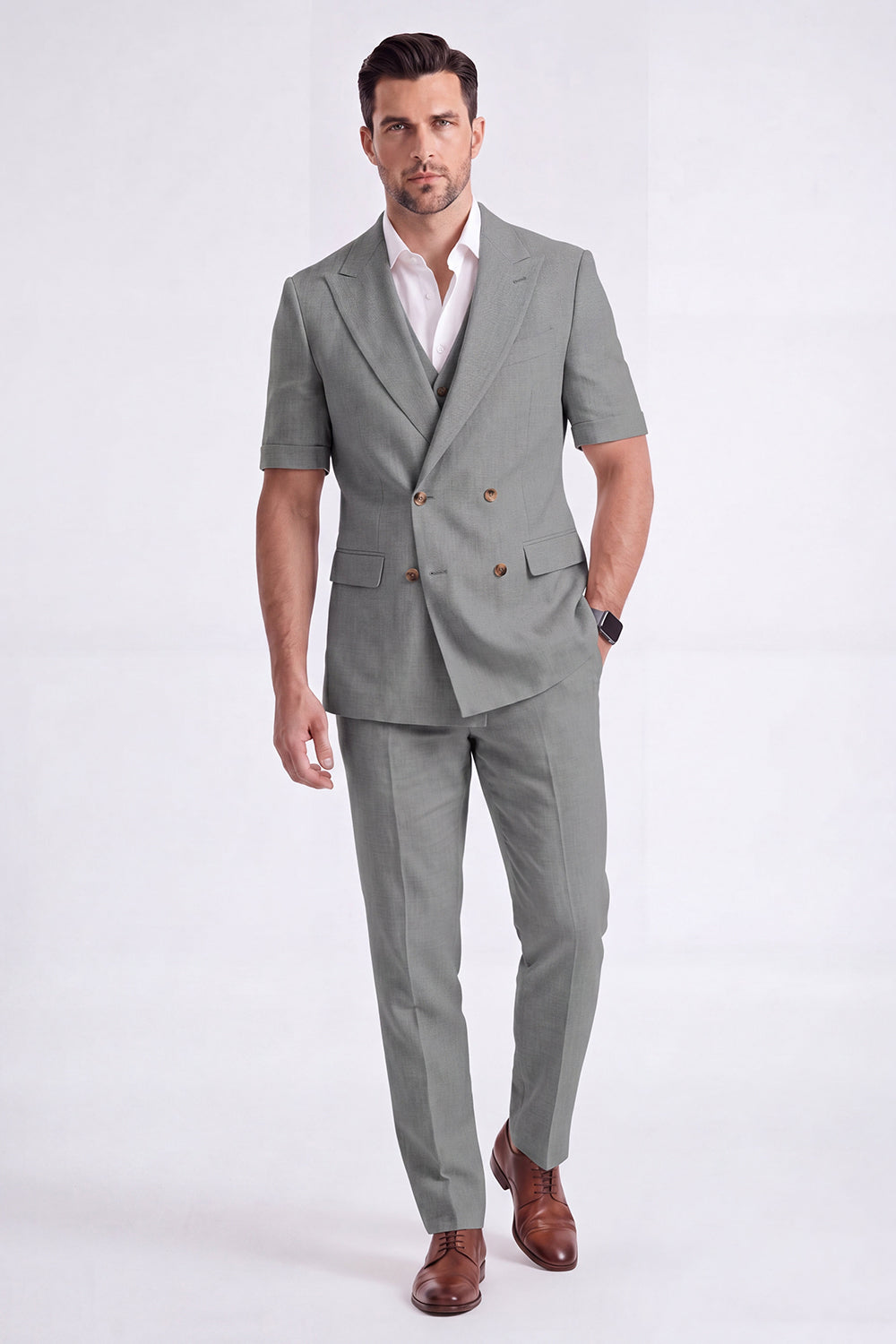 Light Khaki 2-Piece Peak Lapel Double-Breasted Men's Formal Suits with Sleeves