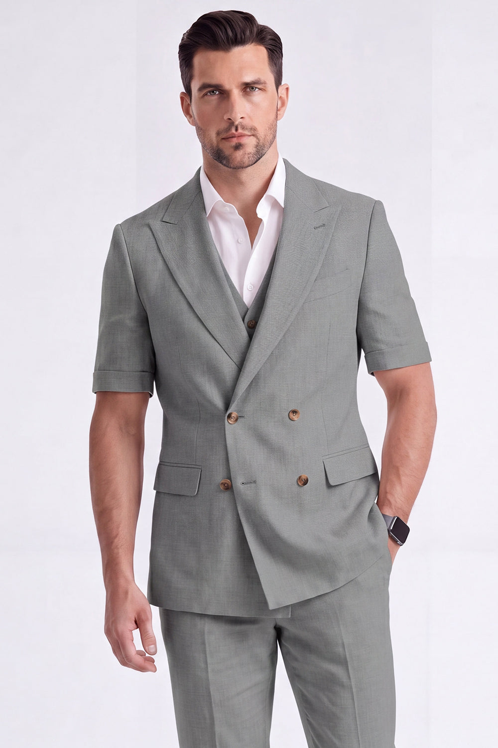 Light Khaki 2-Piece Peak Lapel Double-Breasted Men's Formal Suits with Sleeves
