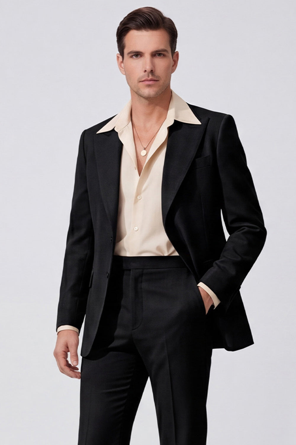 Black Peak Lapel Long Sleeves Single Breasted Men Suits