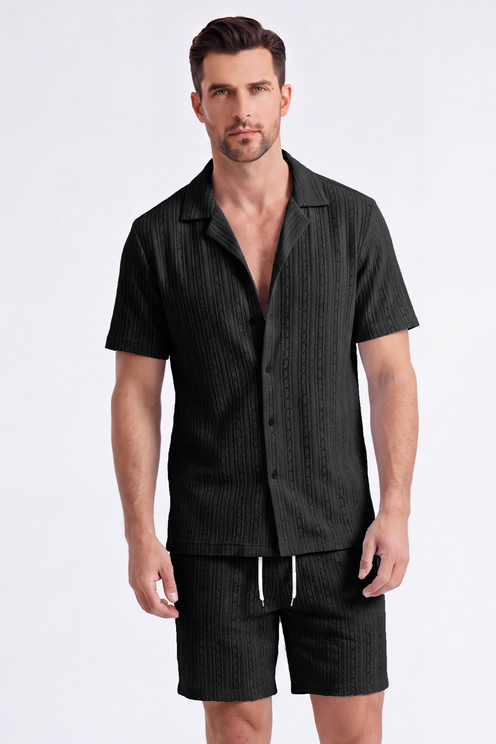 Men's 2 Piece Knit Summer Outfits Casual Short Sleeve Cuban Collar Shirt and Shorts Set