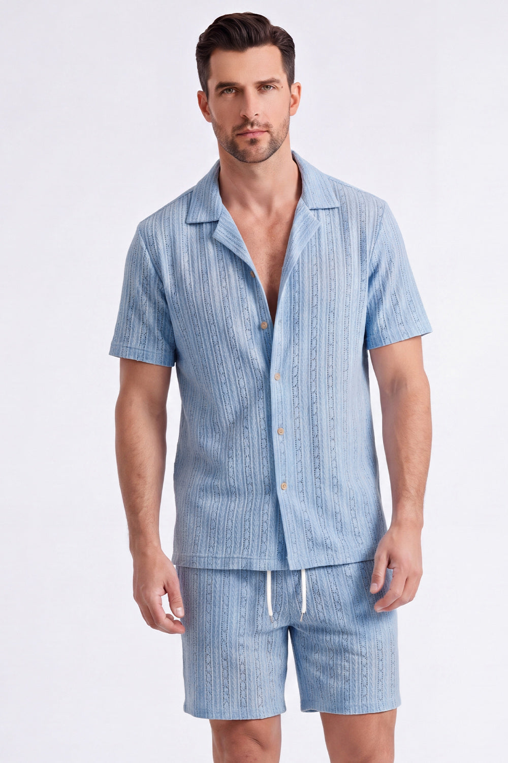 Men's 2 Piece Knit Summer Outfits Casual Short Sleeve Cuban Collar Shirt and Shorts Set