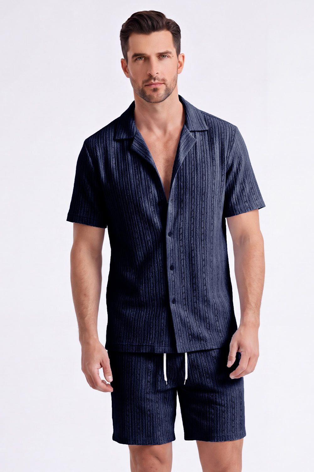Men's 2 Piece Knit Summer Outfits Casual Short Sleeve Cuban Collar Shirt and Shorts Set