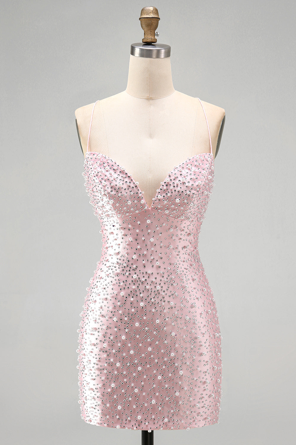Pink Bodycon Spaghetti Straps Pearls Beaded Short Homecoming Dress